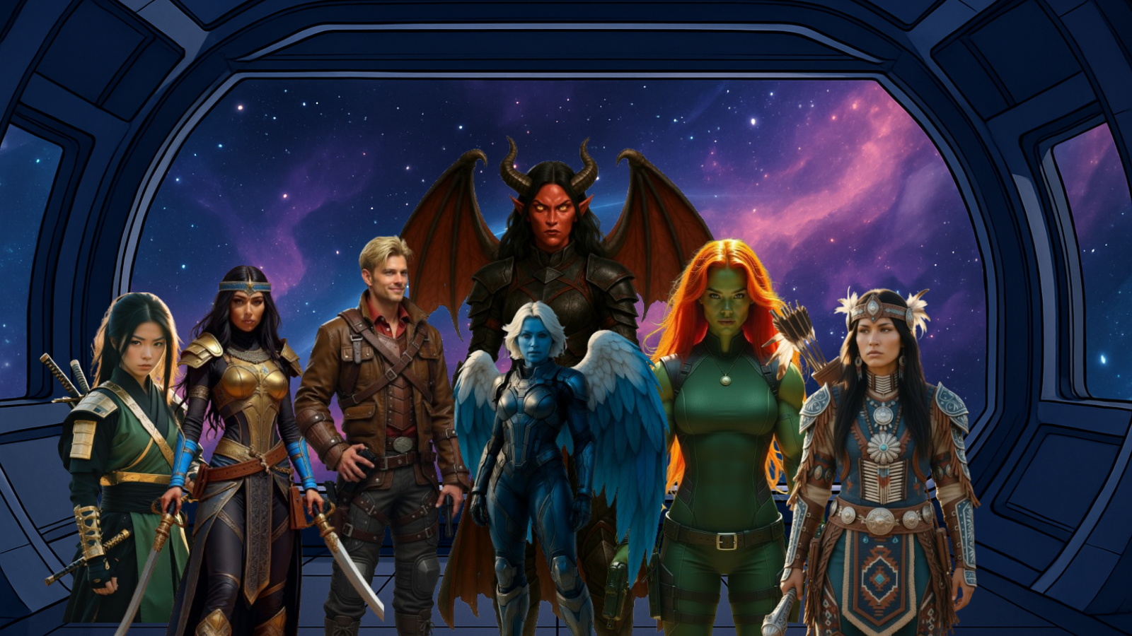 Crimson Alliance group photo featuring Lilith, Freija, Adrian, Grilka, Nefertari, Rainstorm, and Kimiko
