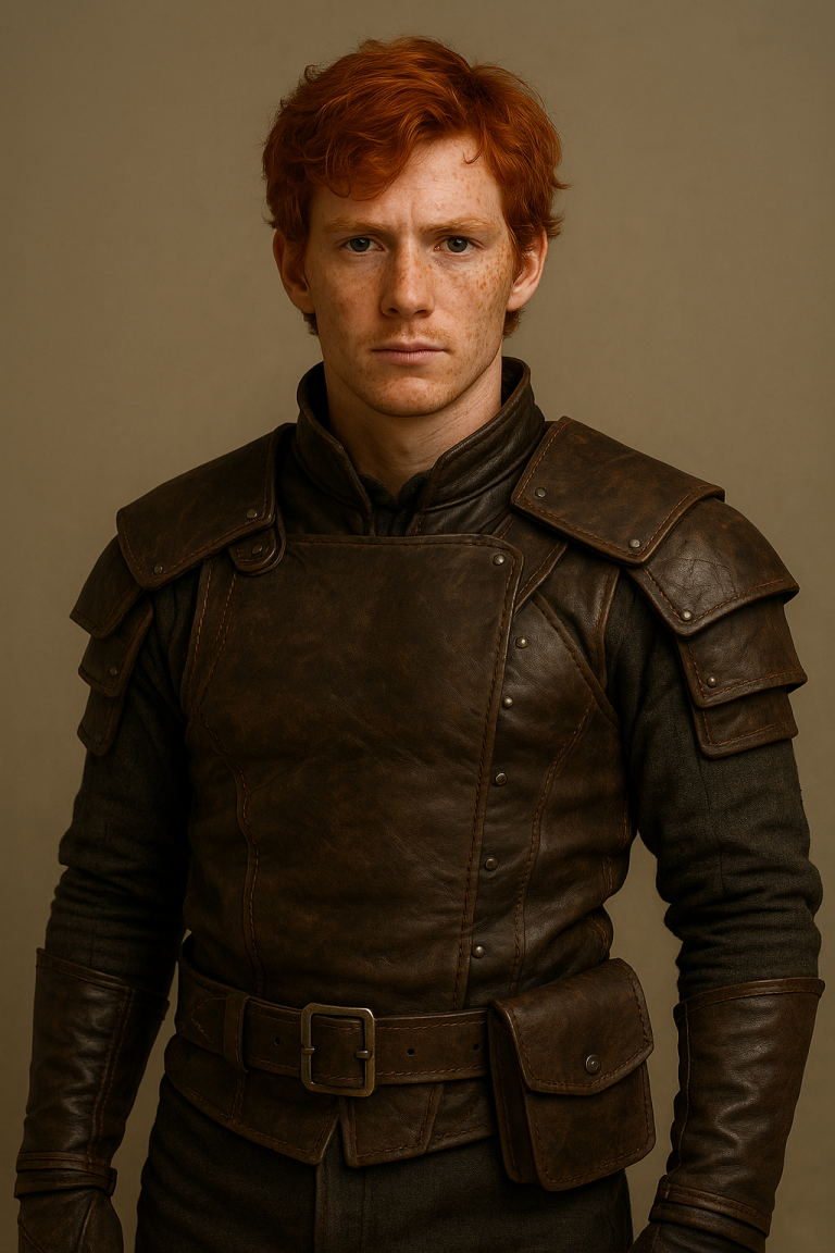 Kevan Drailis, a red hair Celtic man with pale skin and freckles in brown leather armor. A new character being explores in of their tales.