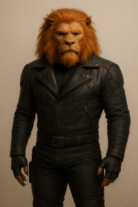 Rafe Juno, a bipedal lion faced person in black leather armor.