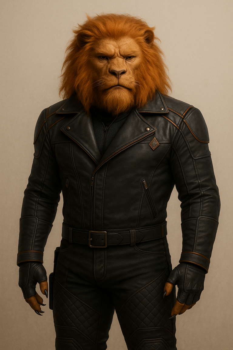 Rafe Juno, a bipedal lion faced person in black leather armor.
