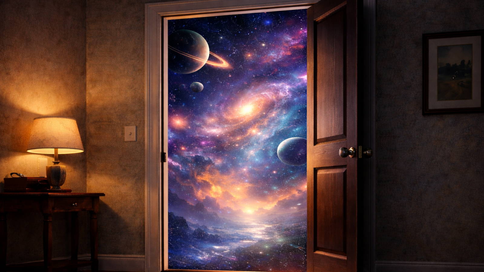 An open bedroom door leading into the vast cosmos. The entry point into the Crimson Alliance Universe.